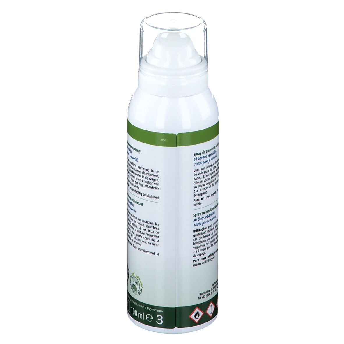 Wit aromaspray, achterkant met tekst. Logo en waarschuwingen. 100ml-aanduiding en vlam-symbool.