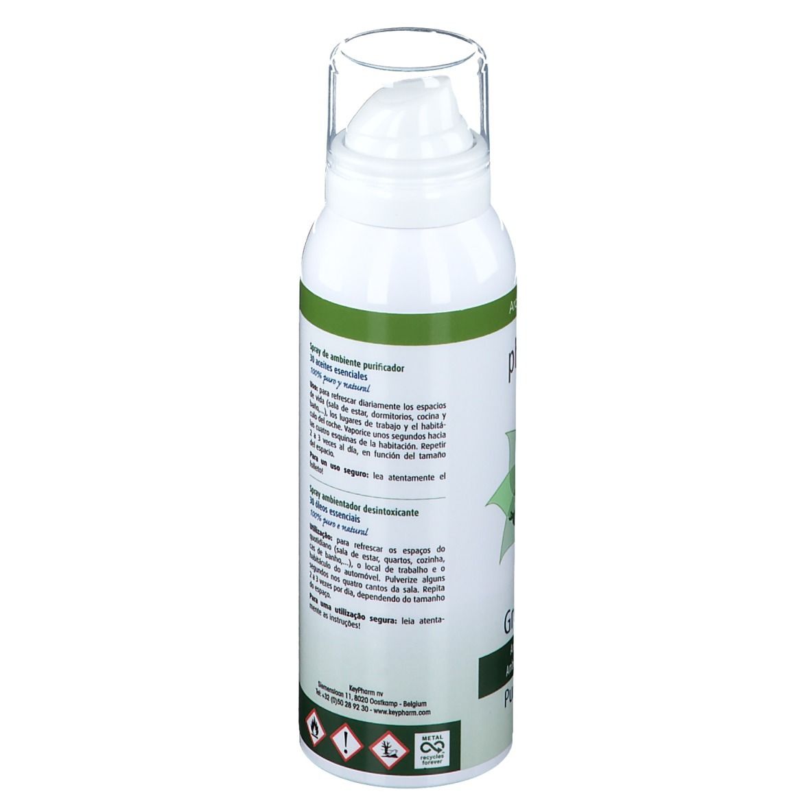 Wit aromaspray, achterkant met tekst. Logo en waarschuwingen. 100ml-aanduiding en vlam-symbool.