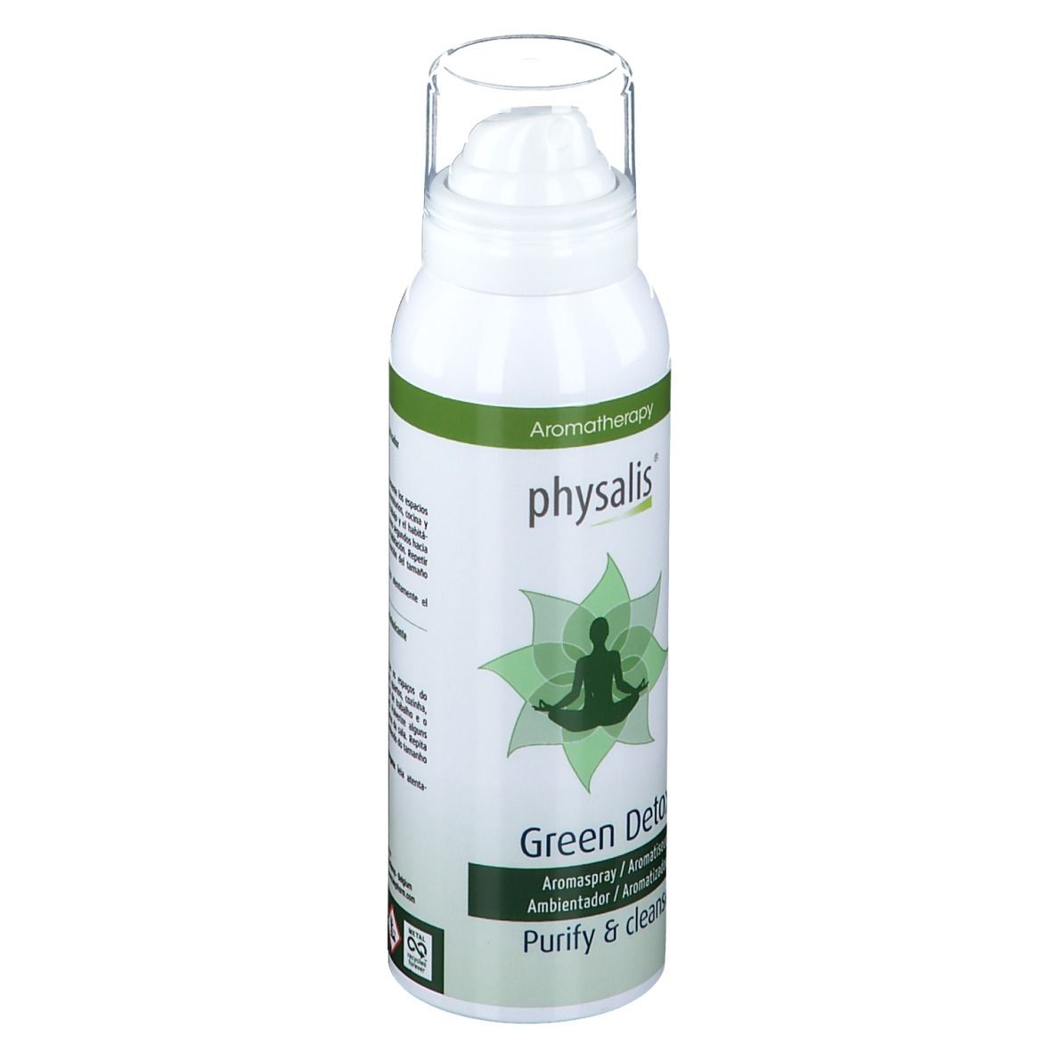 Wit aromaspray met groen etiket. Opschrift: physalis, Green Detox, Aromatherapy. Met sproeikop.