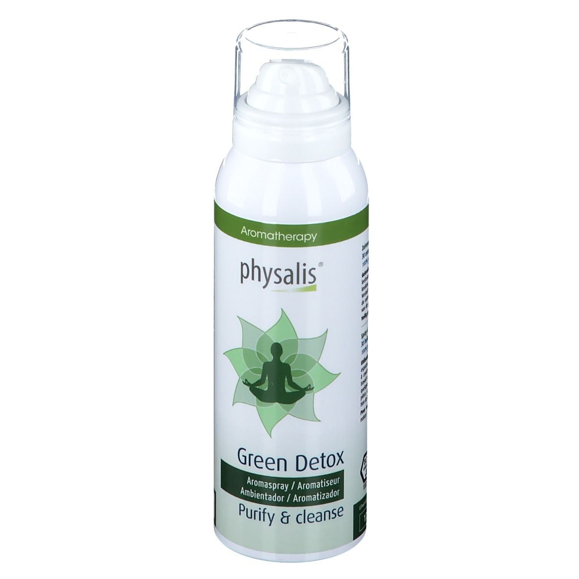 Wit aromaspray met groen etiket. Opschrift: physalis, Green Detox, Aromatherapy. Met sproeikop.