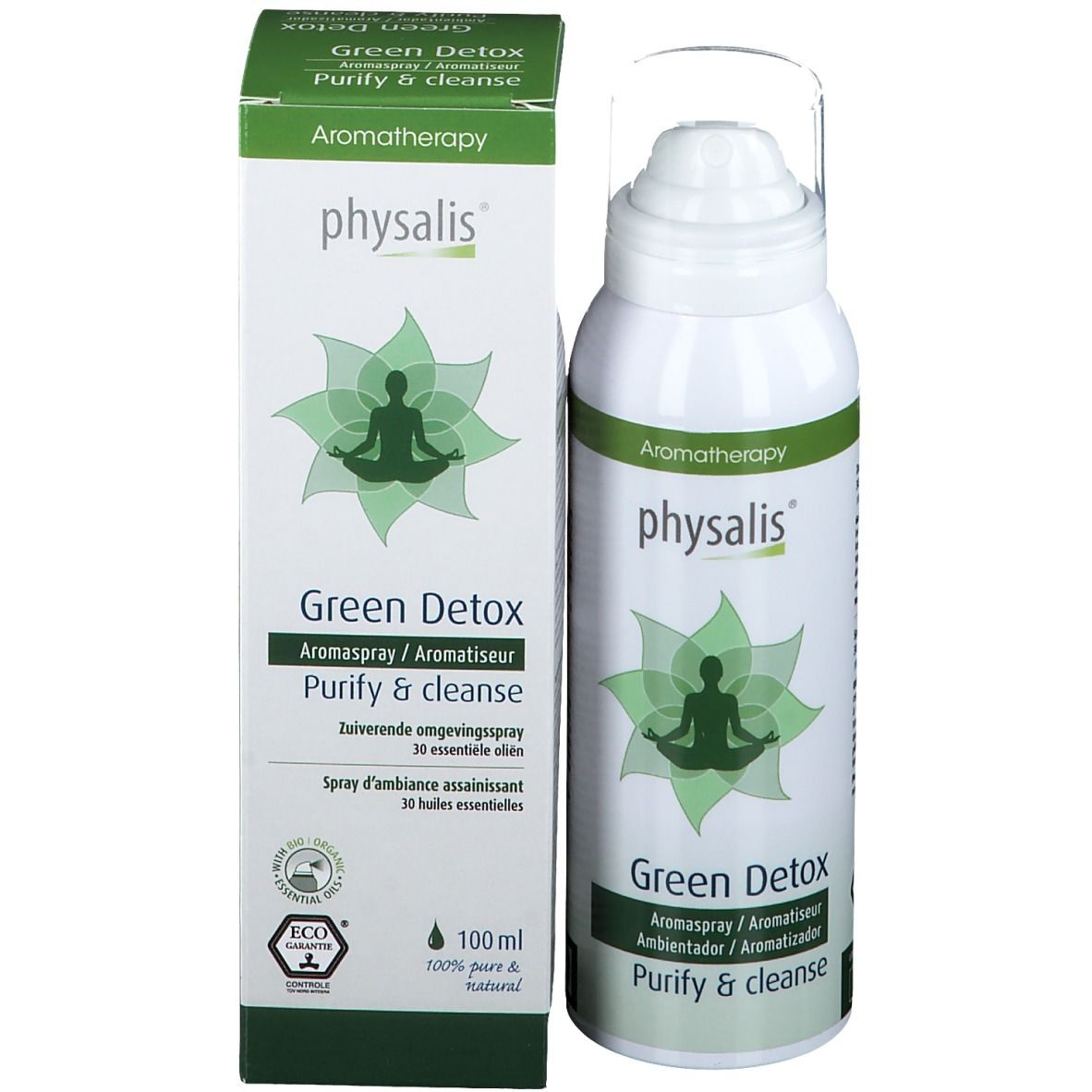 Aromaspray en verpakking. Opschrift: physalis, Green Detox, Aromatherapy. 100ml, EcoControl-certificering.