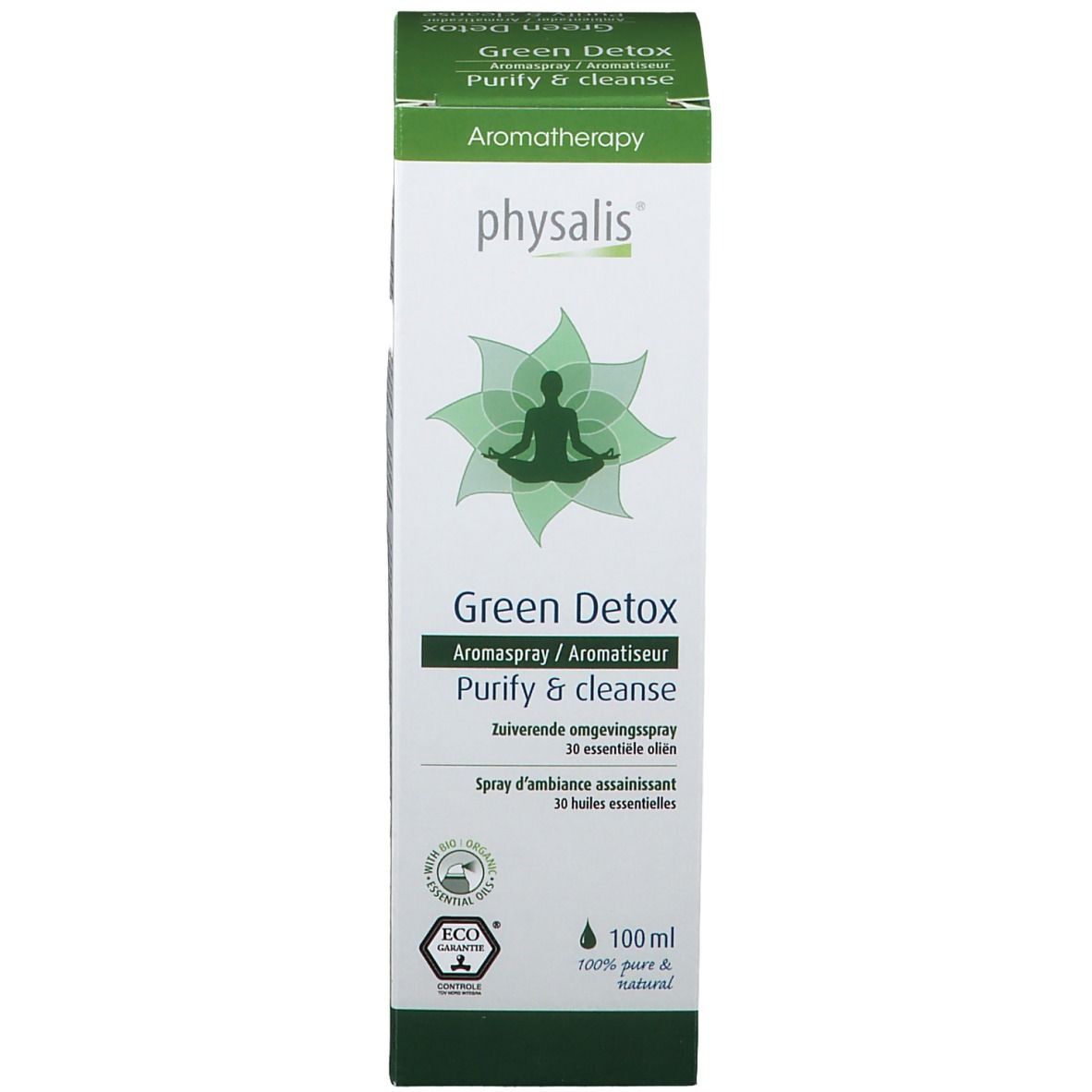 Groene verpakking. Opschrift: physalis, Green Detox, Aromatherapy. 100ml, EcoControl-certificering.