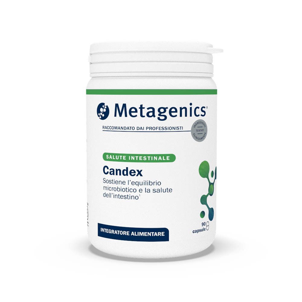 Flacon blanc de Candex, Metagenics. Pour la santé intestinale. 90 capsules. Recommandé par les professionnels.