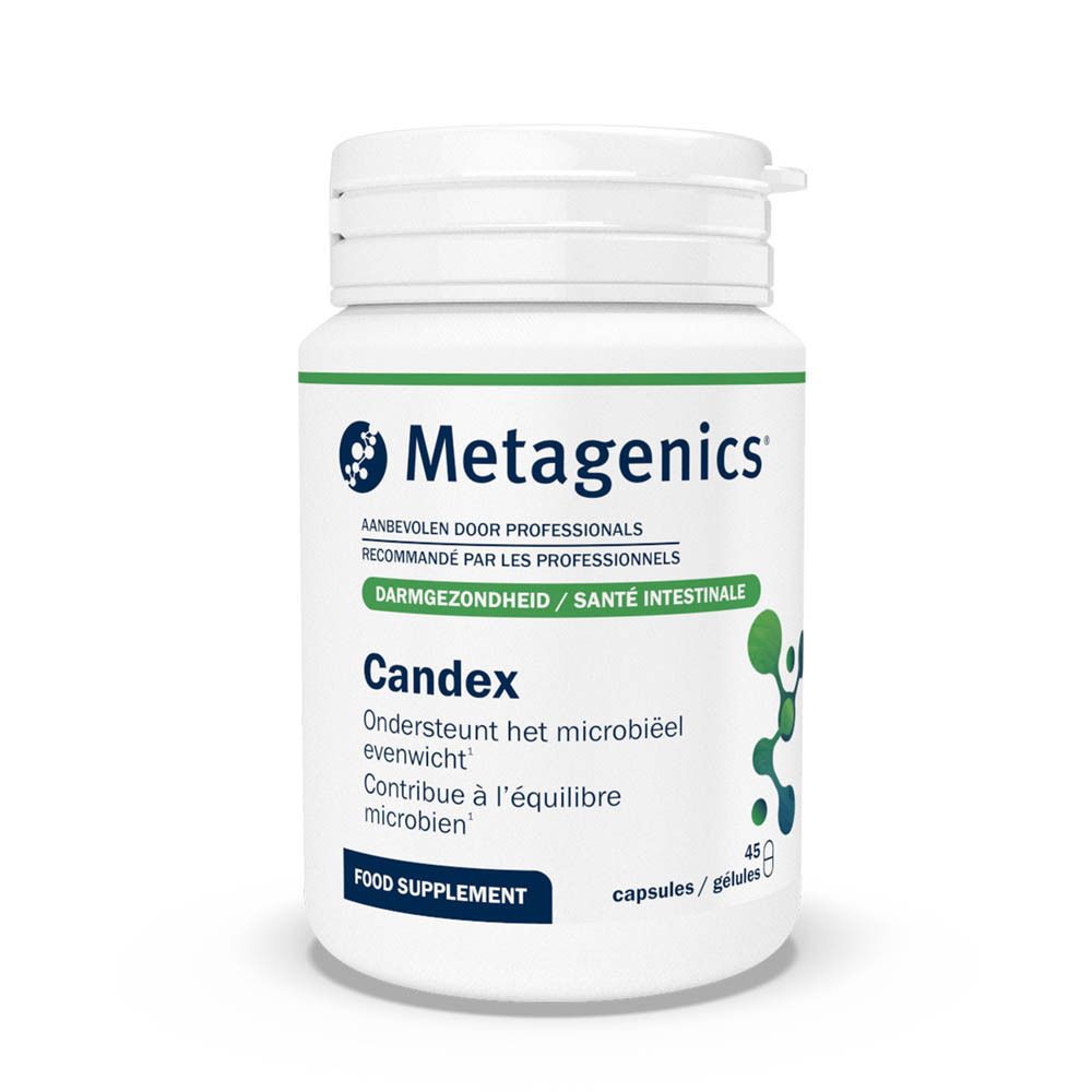 Witte fles Metagenics Candex. 45 capsules. Tekst in het Duits, Italiaans, Nederlands en Frans.