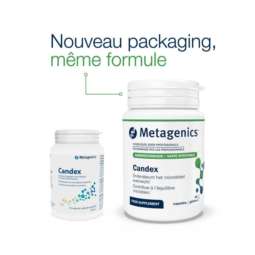 Flacon blanc de Candex, Metagenics. Pour la santé intestinale. 45 capsules. 35g.