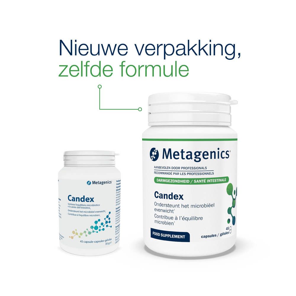 Achterkant van de witte fles Metagenics Candex. Tekst in het Nederlands.