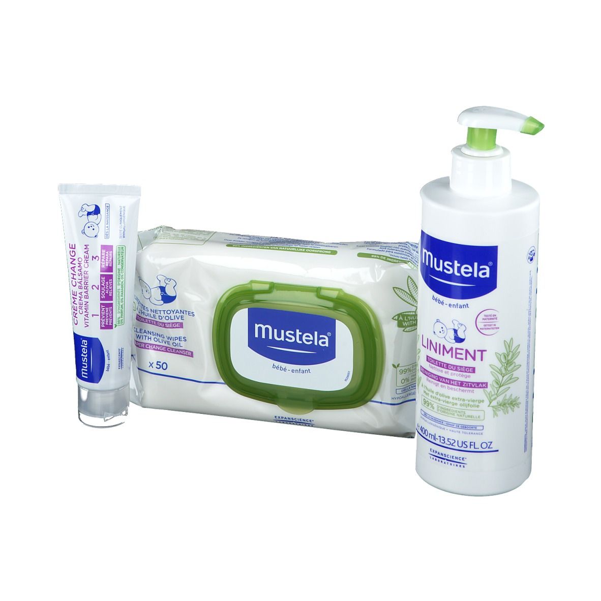 Wit flesje met pomp, pakje vochtige doekjes en tube. Opschrift: Mustela. Groen-witte verpakking.