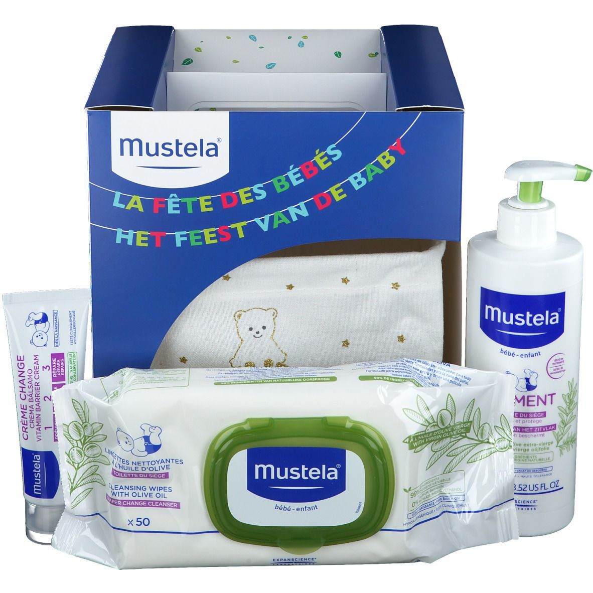 Cadeaudoos met producten. Bevat flesje, doekjes, tube en luier. Opschrift: Mustela.