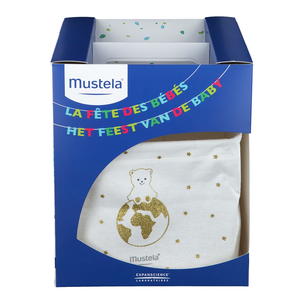 Open cadeaudoos met luier. Opschrift: Mustela. Decoratie met sterren en beer.