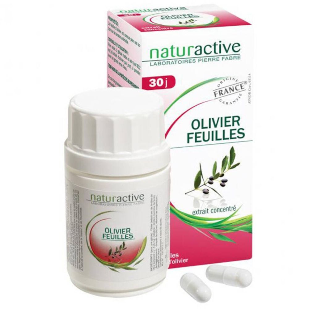 Flacon et boîte naturactive Elusanes Olive. Capsules. Inscription: Olivier Feuilles. Origine France garantie.