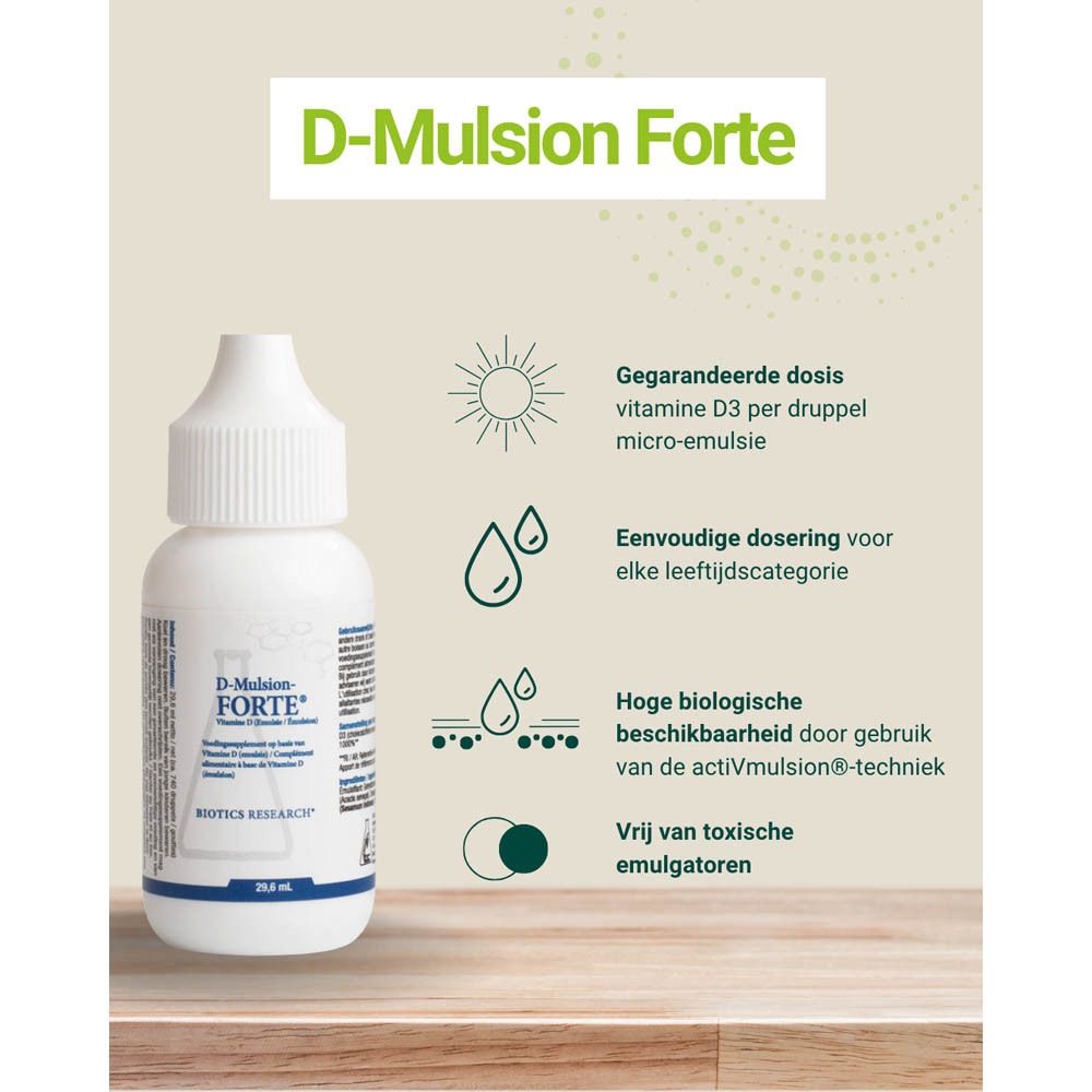 Grafiek met fles D-Mulsion Forte. Gegarandeerde dosis, eenvoudige dosering, hoge biologische beschikbaarheid, zonder emulgatoren.