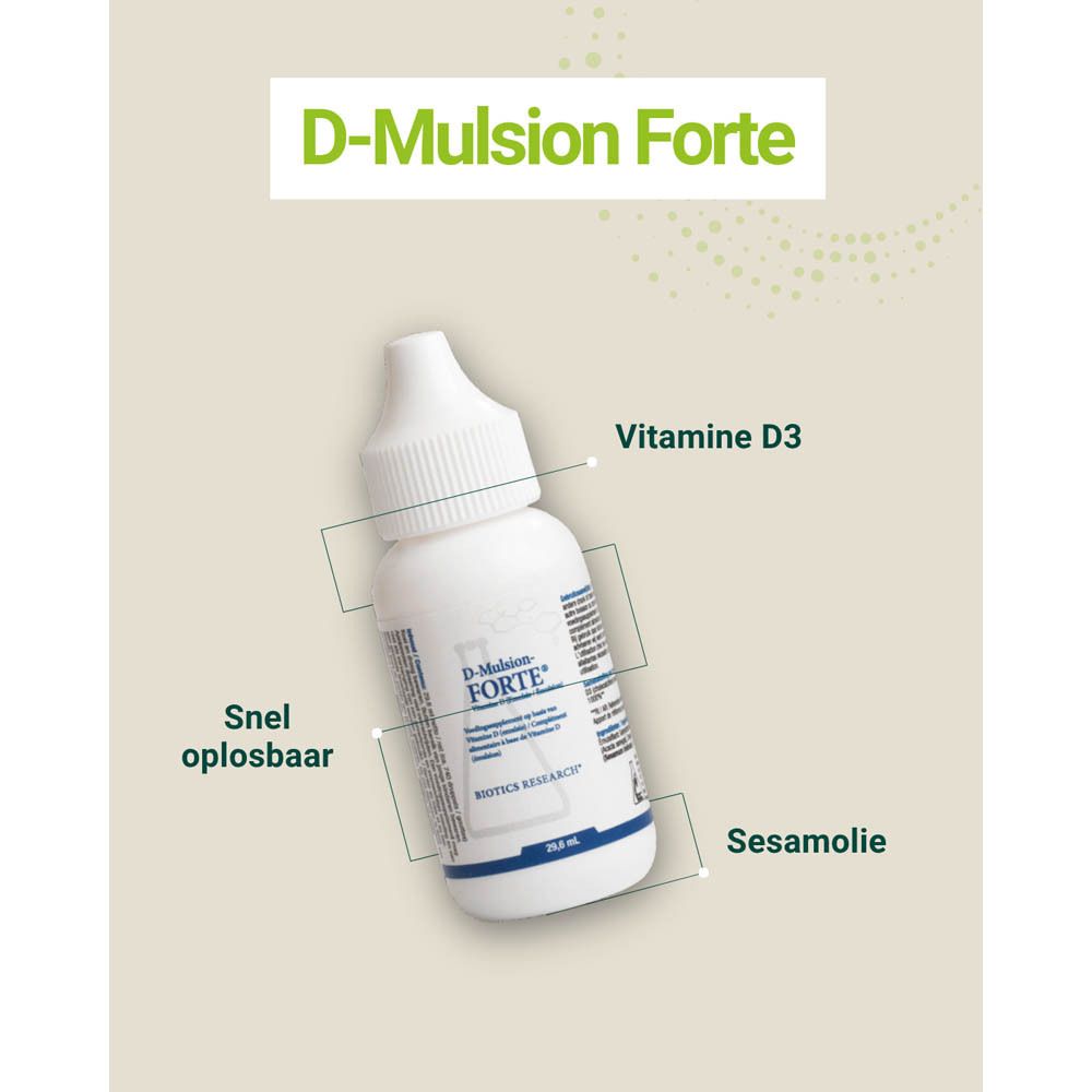 Grafiek met fles D-Mulsion Forte. Vitamine D3, snel oplosbaar, sesamolie.