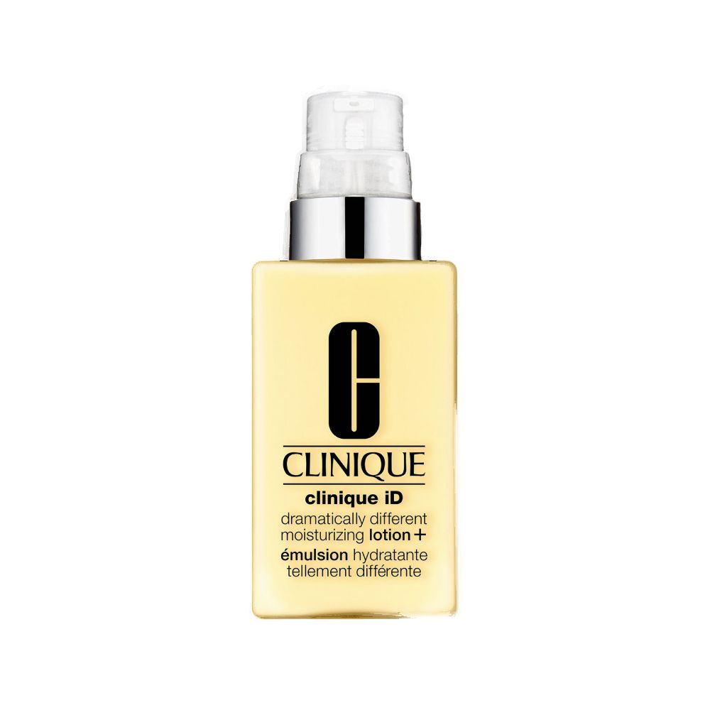 Gele fles met pomp. Bevat CLINIQUE iD™ Moisturizing Lotion+. Tekst op de fles.