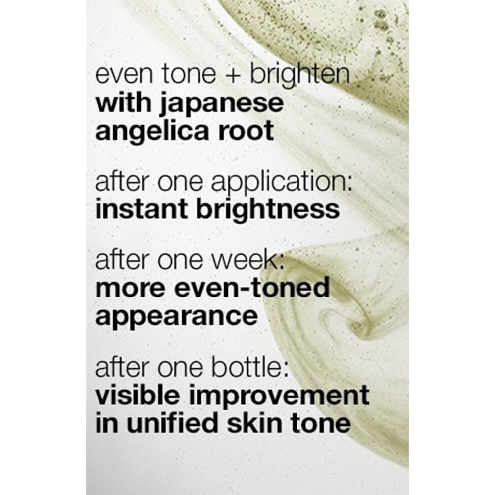 Tekst: Even Tone + Brighten met Japanse engelwortel. Resultaten na gebruik.