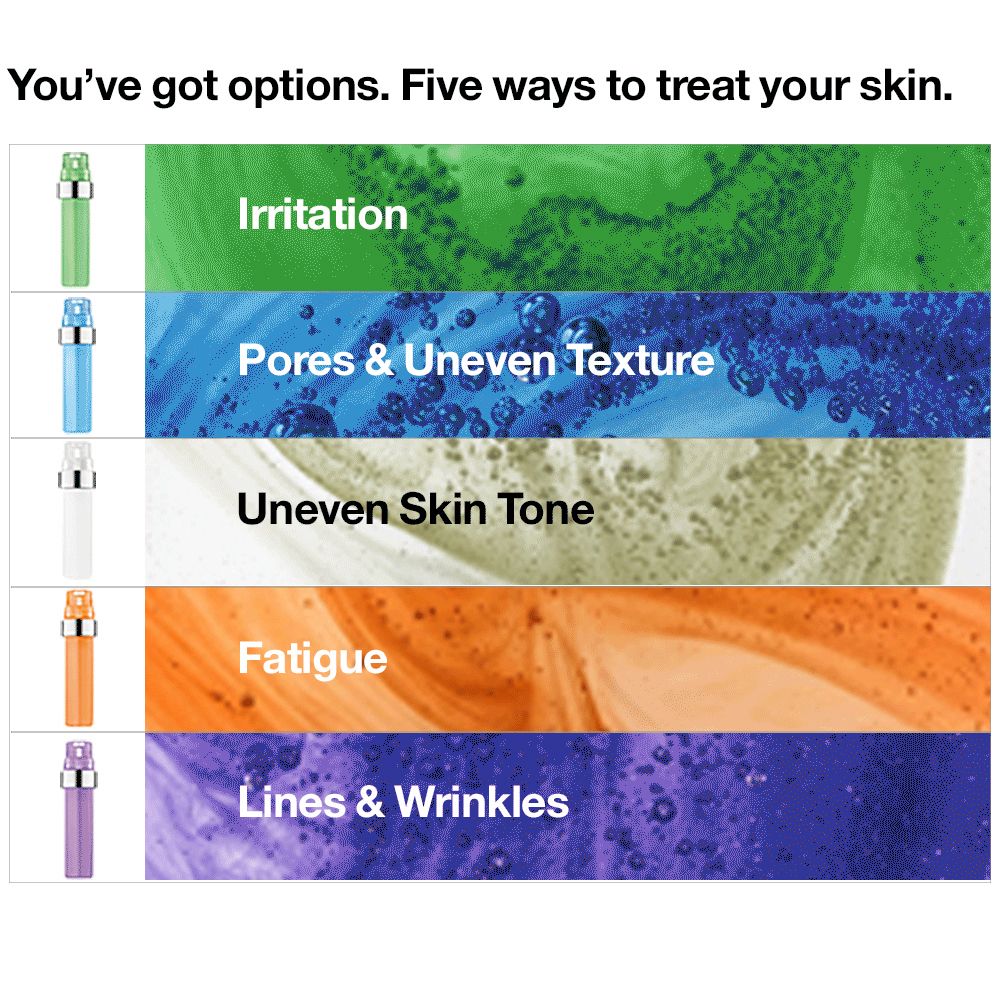 Vijf opties om je huid te behandelen. Verschillende kleuren cartridges.