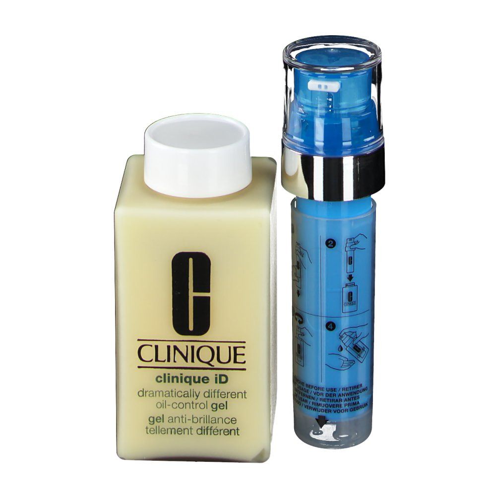 Twee cosmetische producten. Een crème fles met CLINIQUE logo en een blauwe pompspray. Tekst op beide.