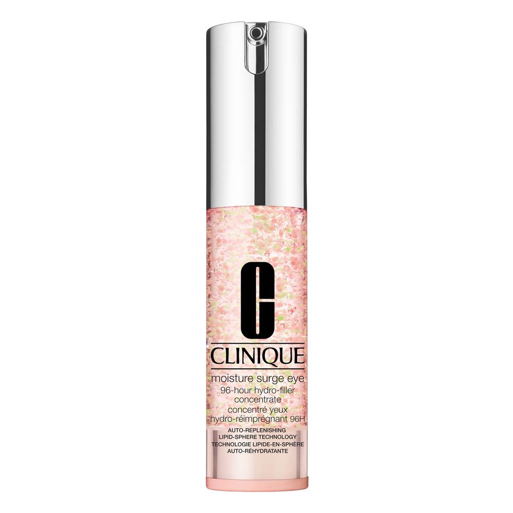 Soin hydratant pour les yeux Clinique dans un flacon pompe avec bouchon argenté et corps rose à motifs.