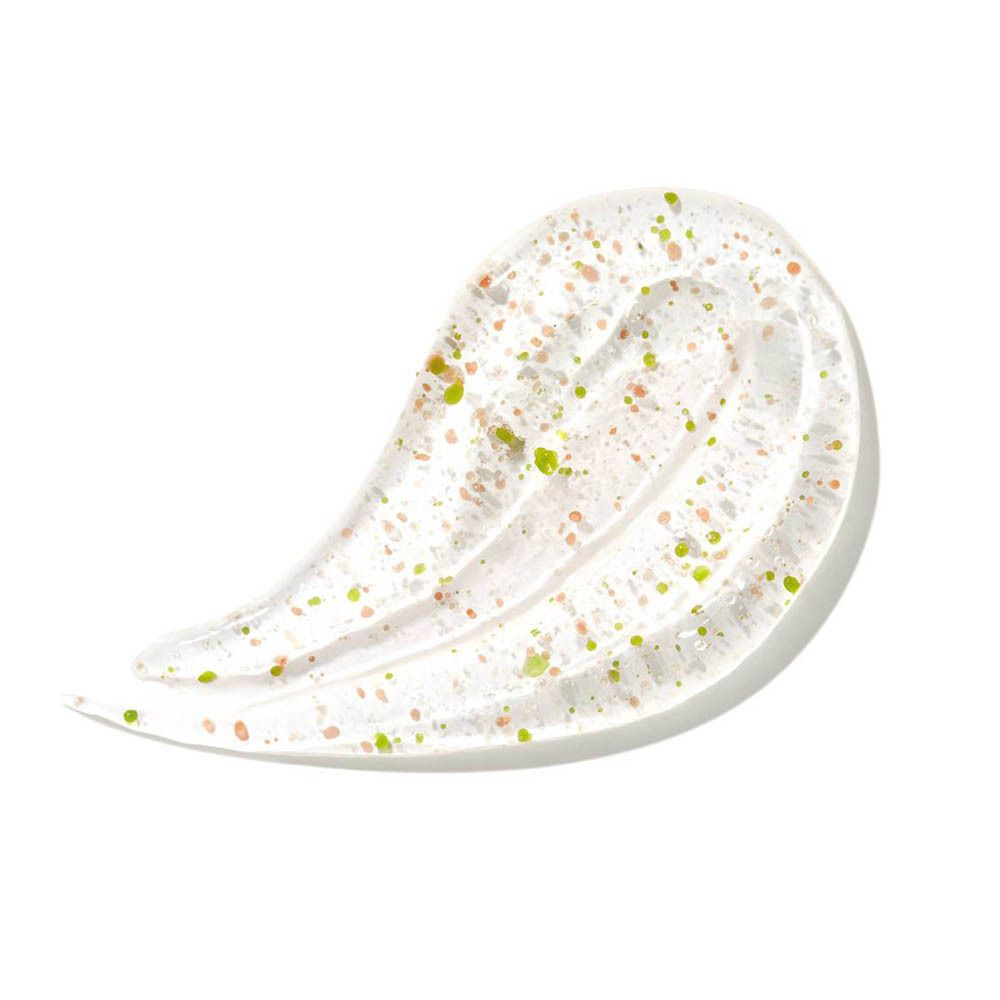 Texture gel transparente avec de fines particules vertes et beiges.