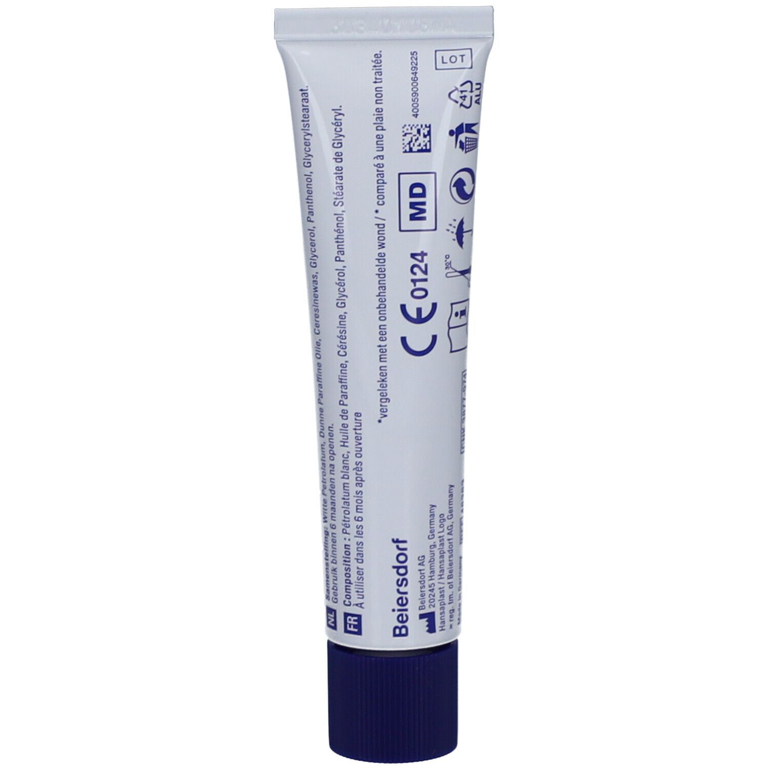 Achterkant tube wondhelende zalf. Bevat informatie over ingrediënten, fabrikant en certificering.