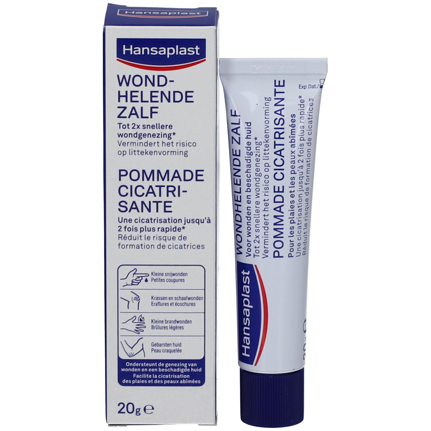 Verpakking wondhelende zalf. Witte doos met blauwe tekst. Bevat productnaam en illustraties.