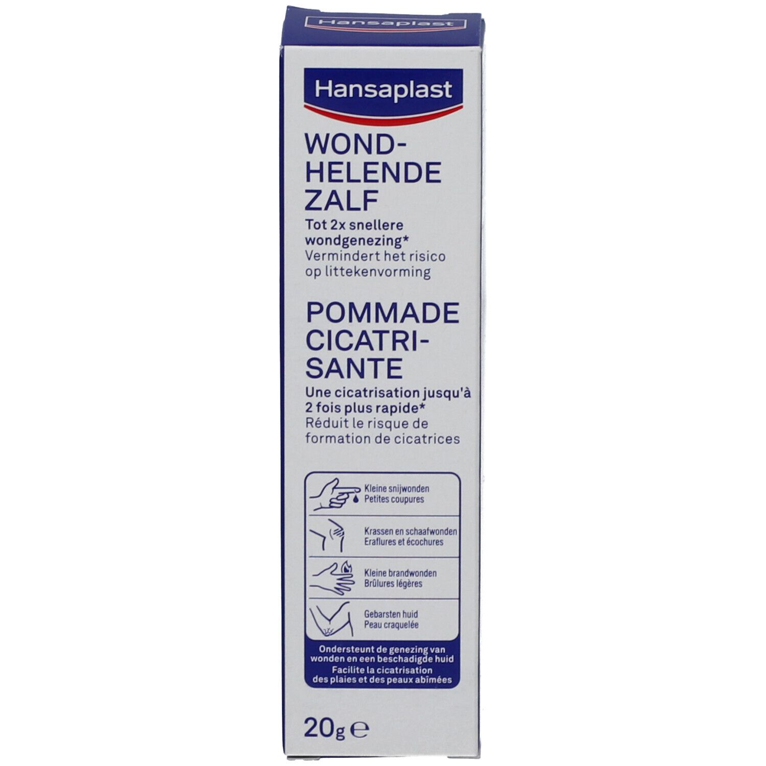 Verpakking wondhelende zalf. Witte doos met blauwe tekst. Bevat productnaam en illustraties.