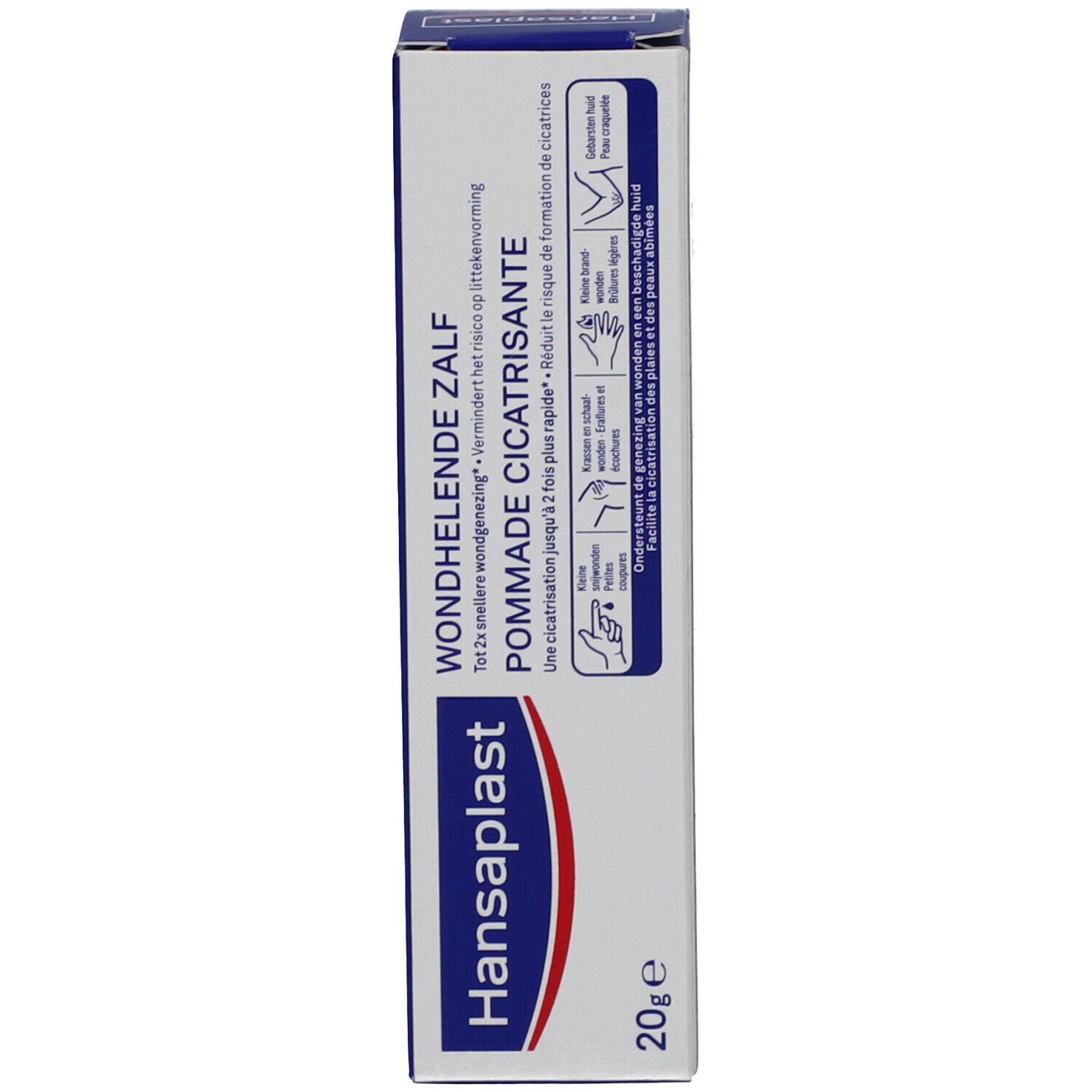 Verpakking wondhelende zalf. Witte doos met blauwe tekst. Bevat productnaam en illustraties.