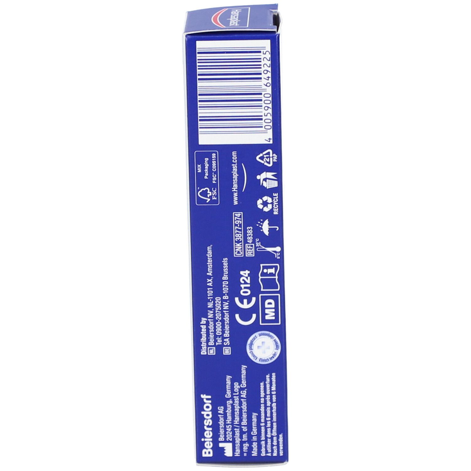 Zijaanzicht van de verpakking van de wondhelende zalf. Blauwe verpakking met tekst en logo's.