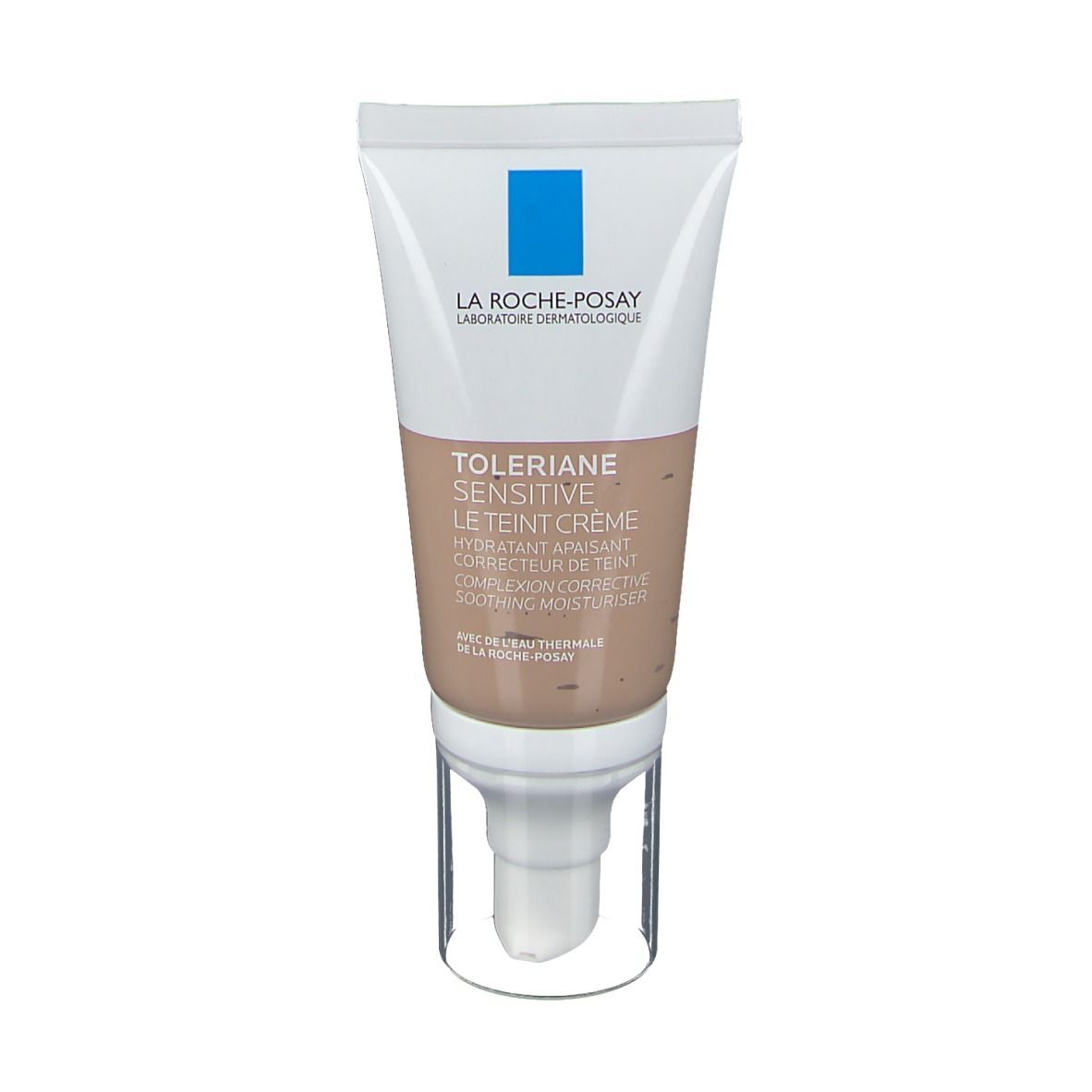 La Roche-Posay Toleriane Sensitive Le Teint Crème Medium. Tube avec applicateur. Tube blanc, partie centrale marron. Logo bleu.