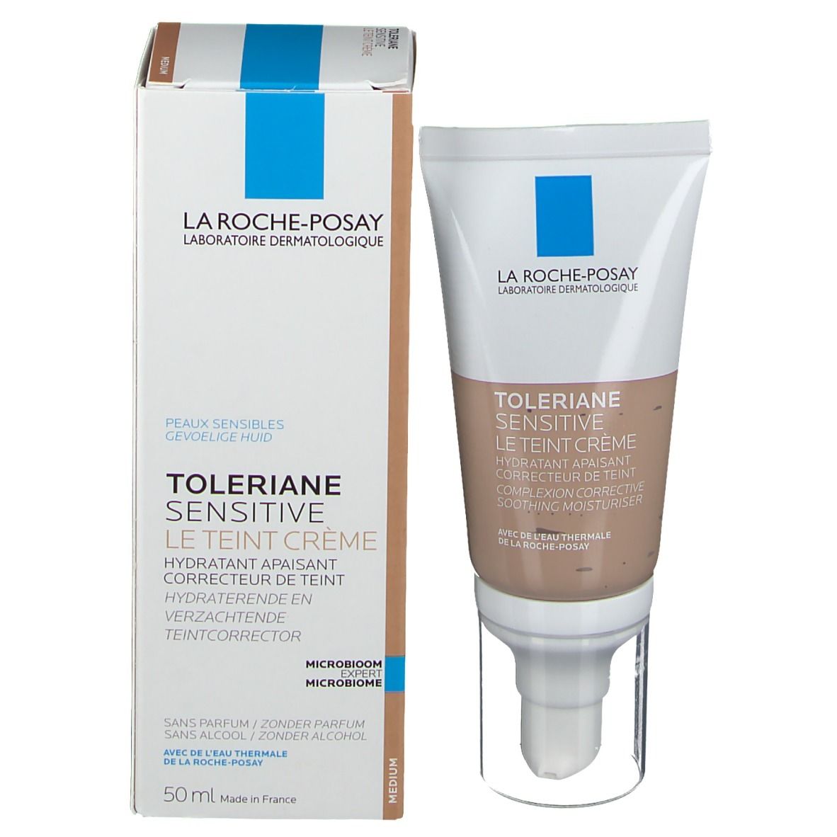 La Roche-Posay Toleriane Sensitive Le Teint Crème Medium et son emballage. Tube et boîte. Nom du produit et logo visibles.