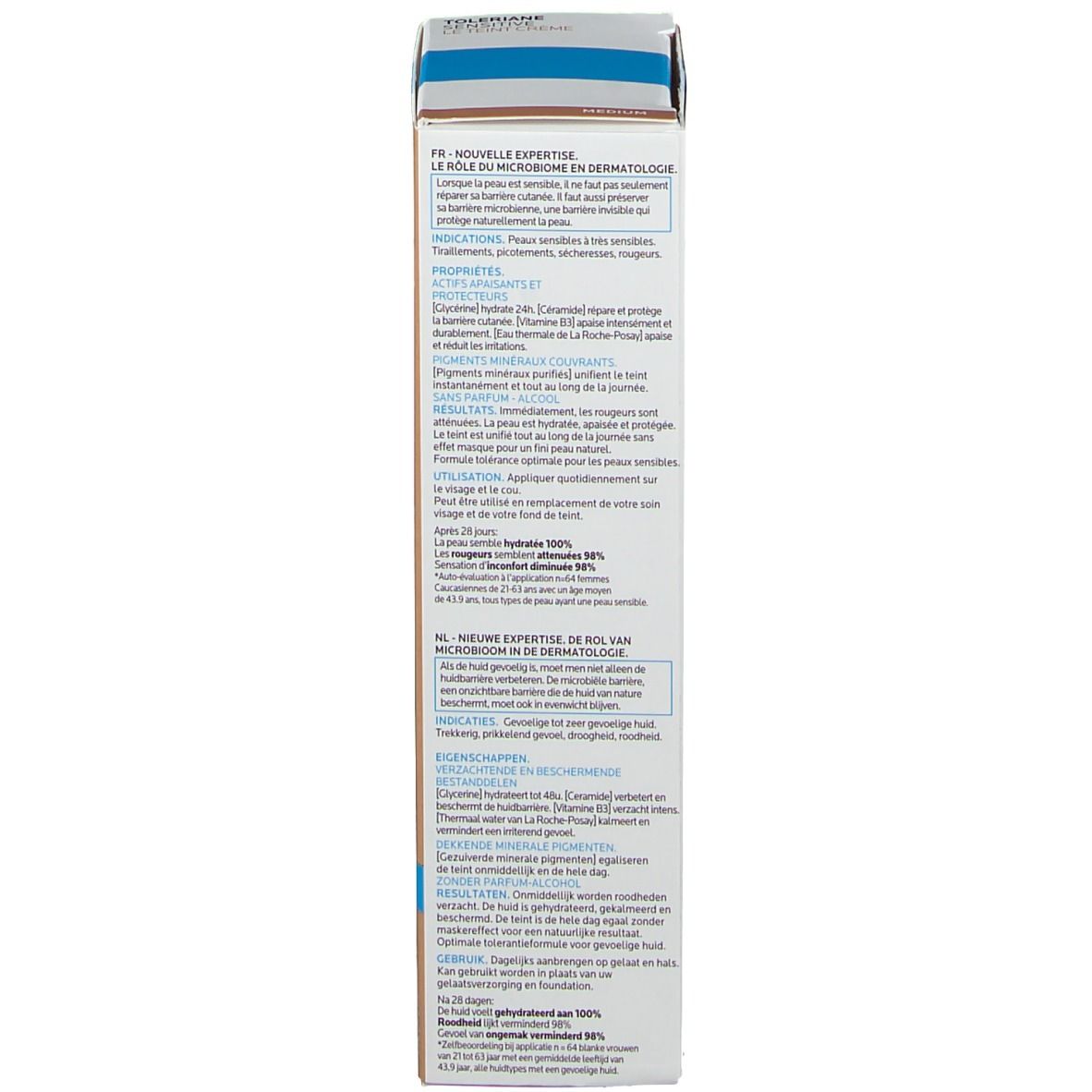Dos de l'emballage de La Roche-Posay Toleriane Sensitive Le Teint Crème Medium. Informations et ingrédients.