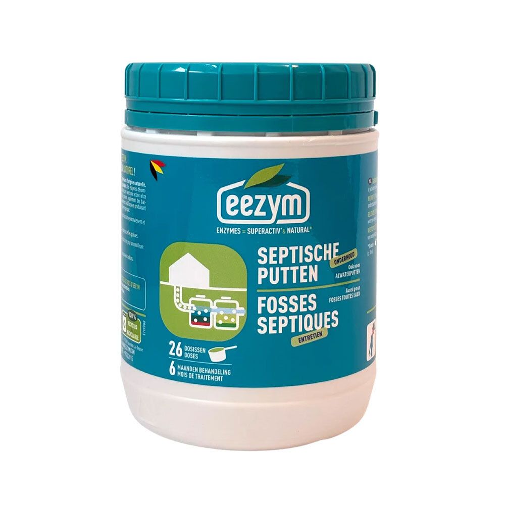 Eezym Septische Putten container met lichtblauwe deksel. Bevat 26 sachets.
