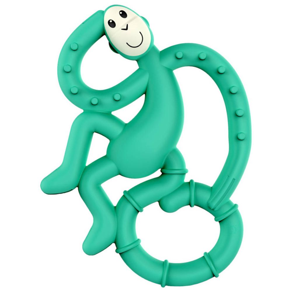 Jouet de dentition vert en forme de singe. Tête ronde, bras et jambes. Surfaces à picots.