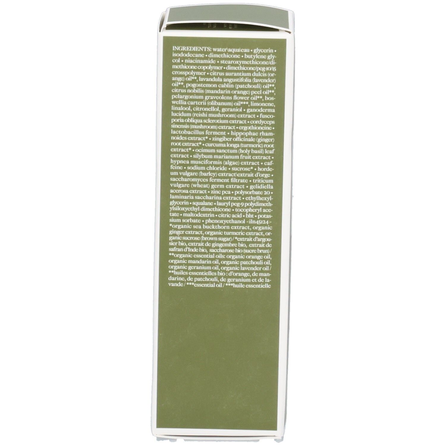 Emballage vert. Liste des ingrédients en anglais.