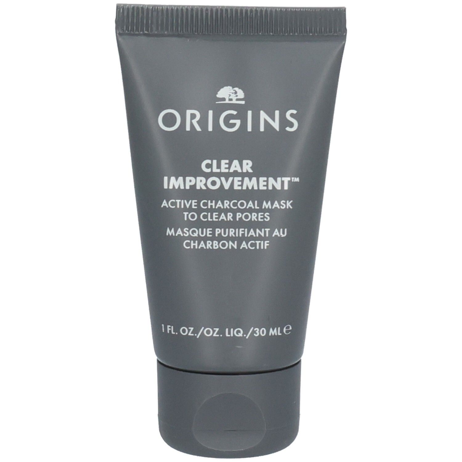 Tube grise avec logo "ORIGINS" et texte "CLEAR IMPROVEMENT". Masque au charbon actif.