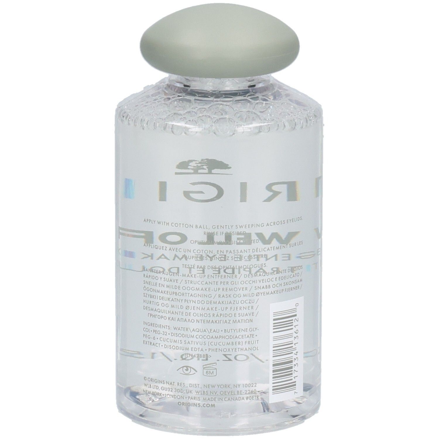 Flacon transparent avec bouchon vert. Inscriptions: ORIGINS, WELL OFF. Nom du produit et indication de volume.