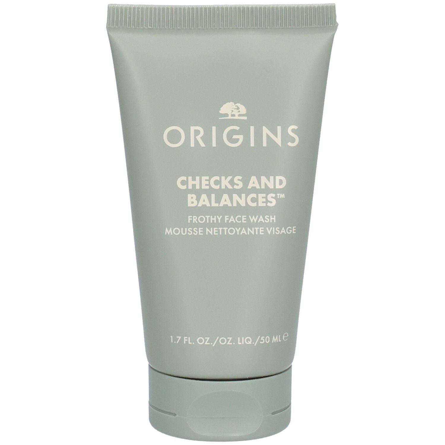 Tube gris clair avec texte blanc ORIGINS, CHECKS AND BALANCES. Nom du produit et indication de volume.