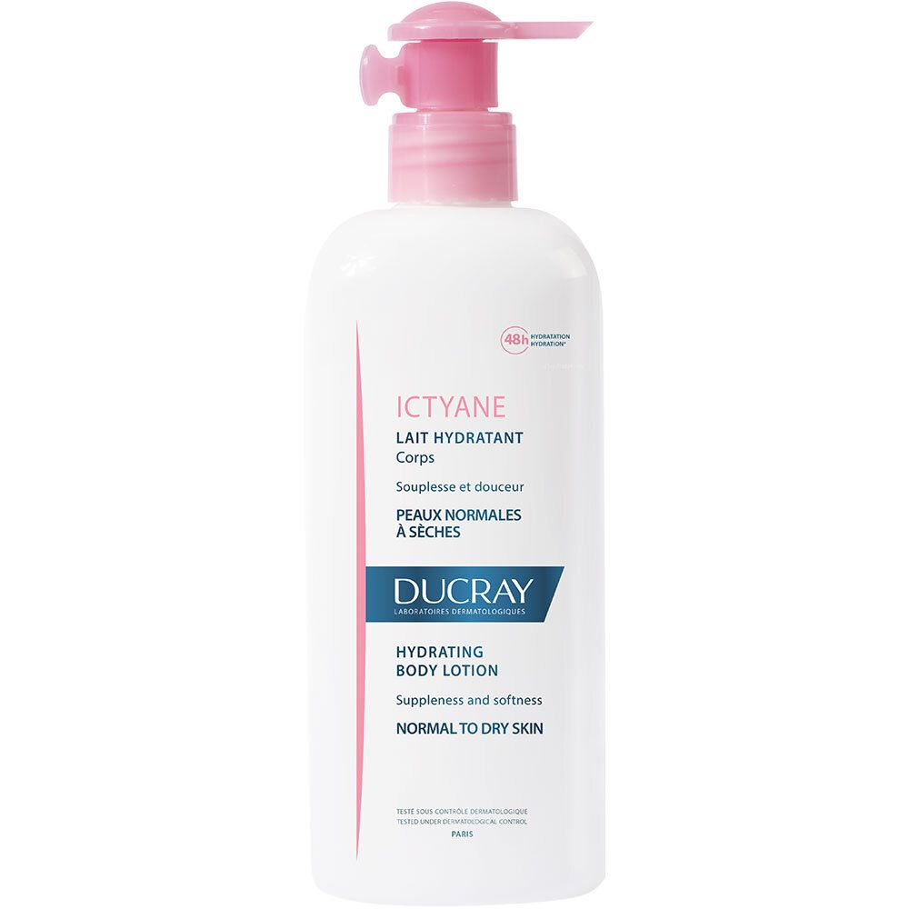 Flacon blanc avec pompe rose. Texte: Ictyane, Lait Hydratant Corps, Ducray, Hydrating Body Lotion. Pour peaux normales à sèches.