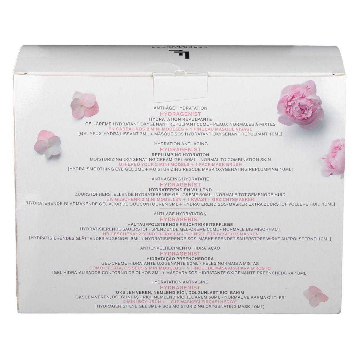 Dos du coffret cadeau avec informations sur le produit et motifs floraux. Texte en plusieurs langues.