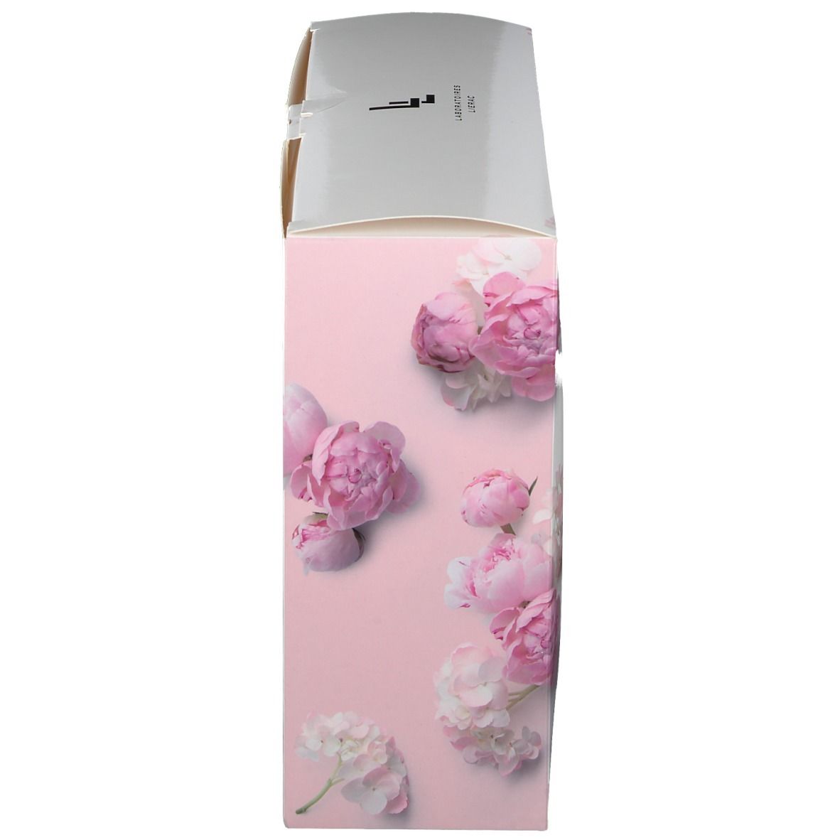 Vue latérale du coffret cadeau avec motif floral sur fond rose. Marque Lierac.