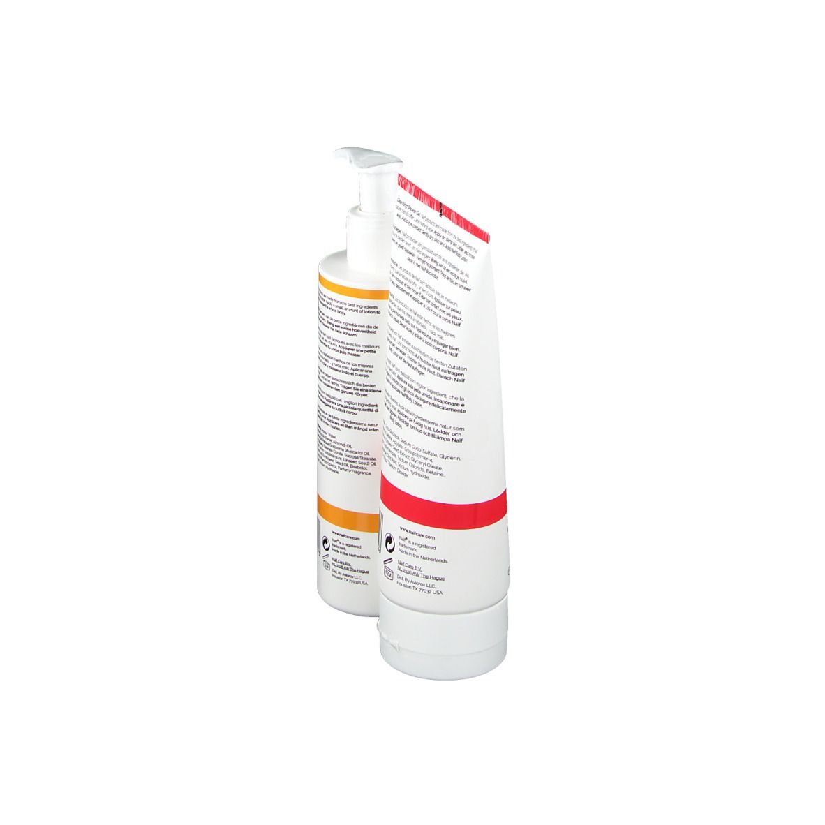 Vue arrière de deux flacons blancs avec étiquettes rouges et oranges. Inscription : NAIF, Cleansing Shower Gel et Softening Body Lotion.