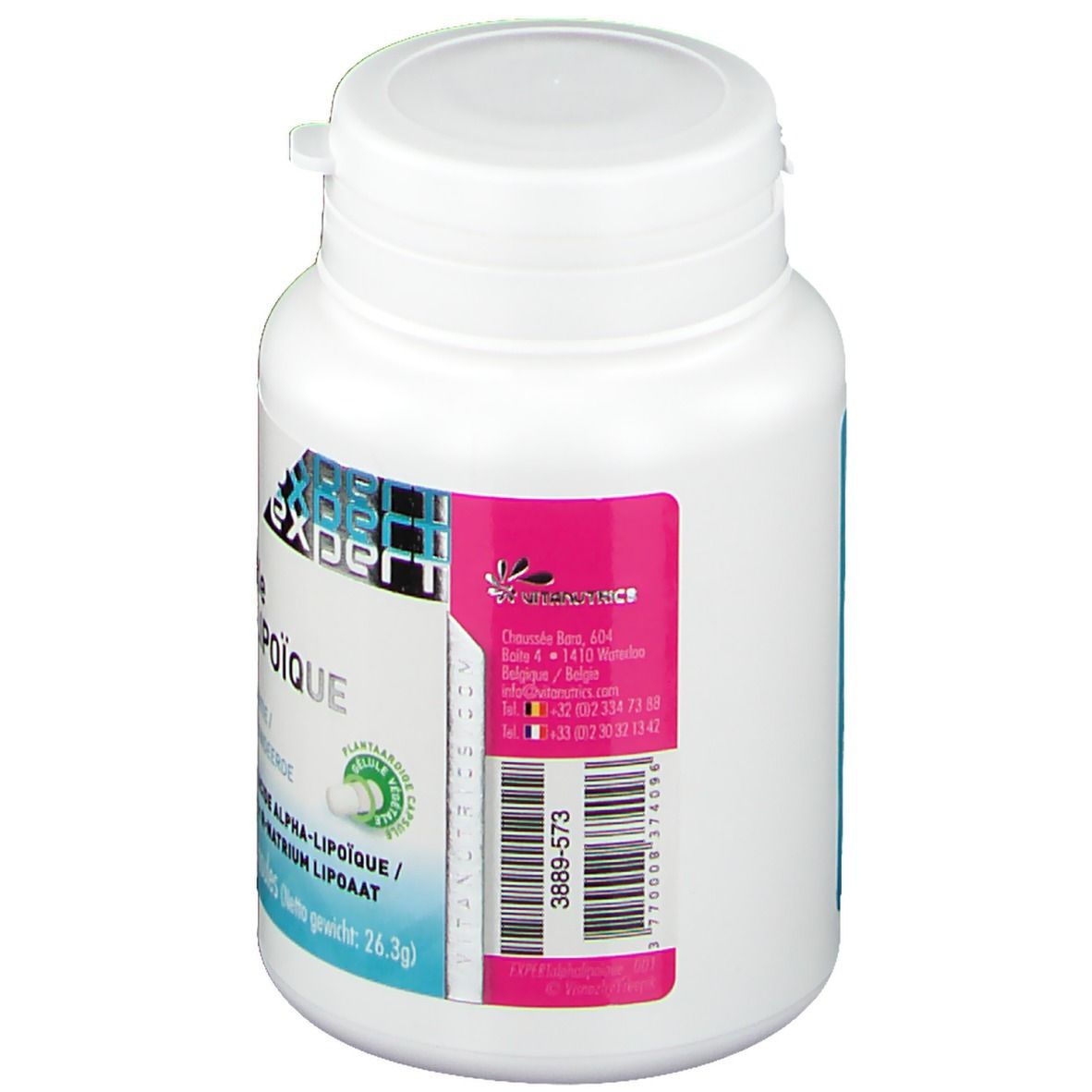 Flacon blanc avec étiquette rose. Inscription: VitaNutrics, Acide R Alpha-Lipoique. Avec couvercle.