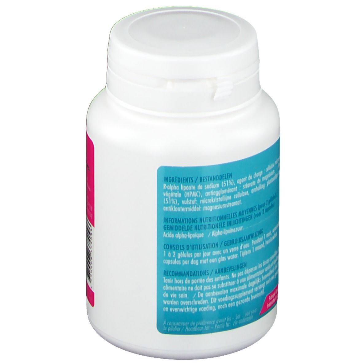 Flacon blanc avec étiquette rose et bleue. Contient des informations sur les ingrédients et l'utilisation.