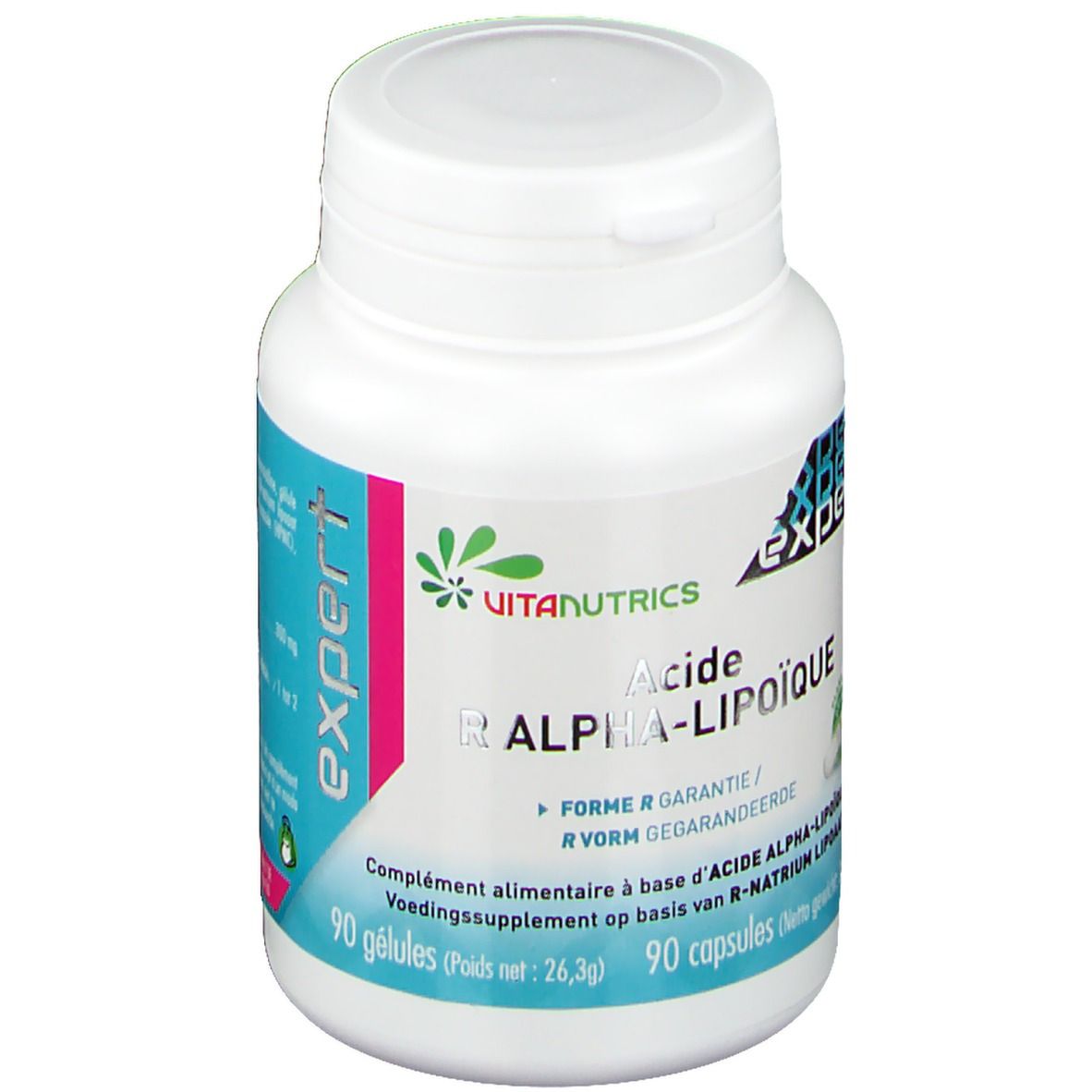 Flacon blanc avec étiquette rose et verte. Inscription: VitaNutrics, Acide R Alpha-Lipoique. 90 gélules.