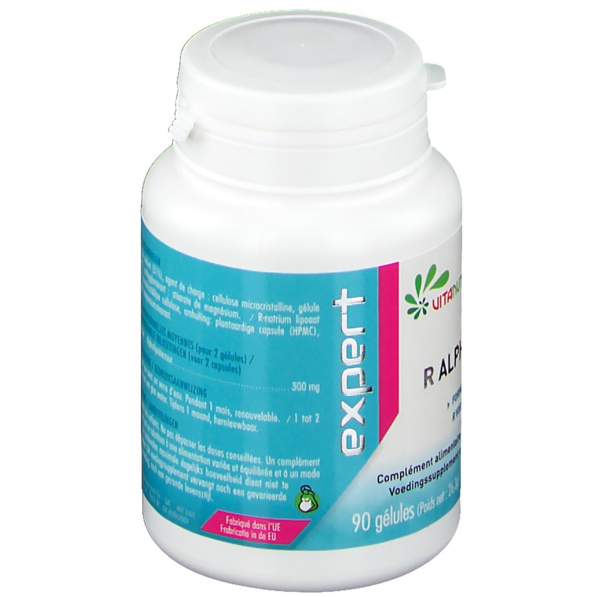 Flacon blanc avec étiquette rose et verte. Inscription: VitaNutrics, Acide R Alpha-Lipoique. 90 gélules.