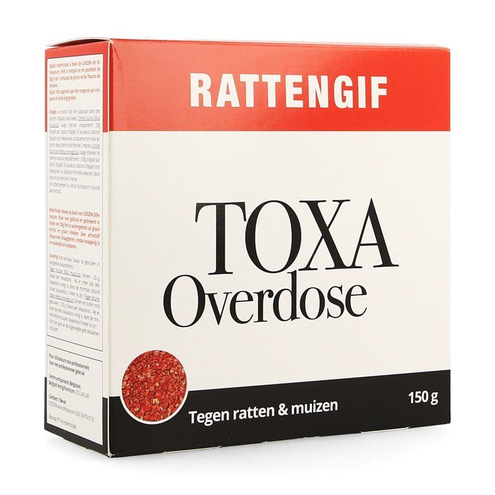 Rode en witte doos. Opschrift: TOXA Overdose, Rattengif. Inhoud: 150g. Tegen ratten & muizen.