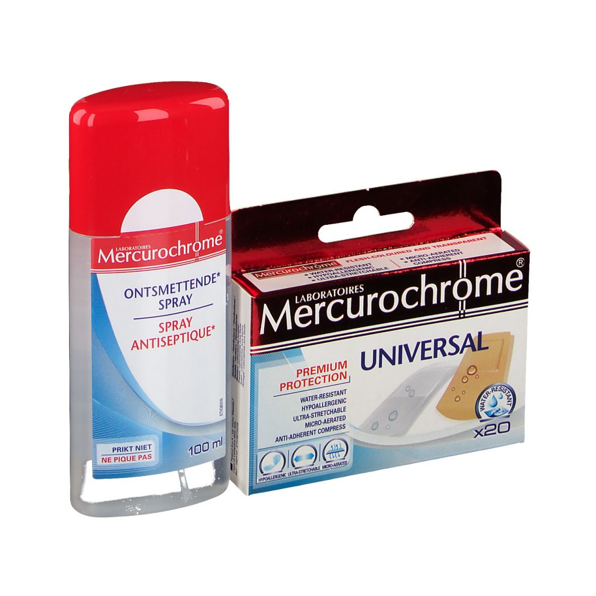 Mercurochrome Ontsmettende Spray 100 ml + Universal Pleisters 20 stuks
