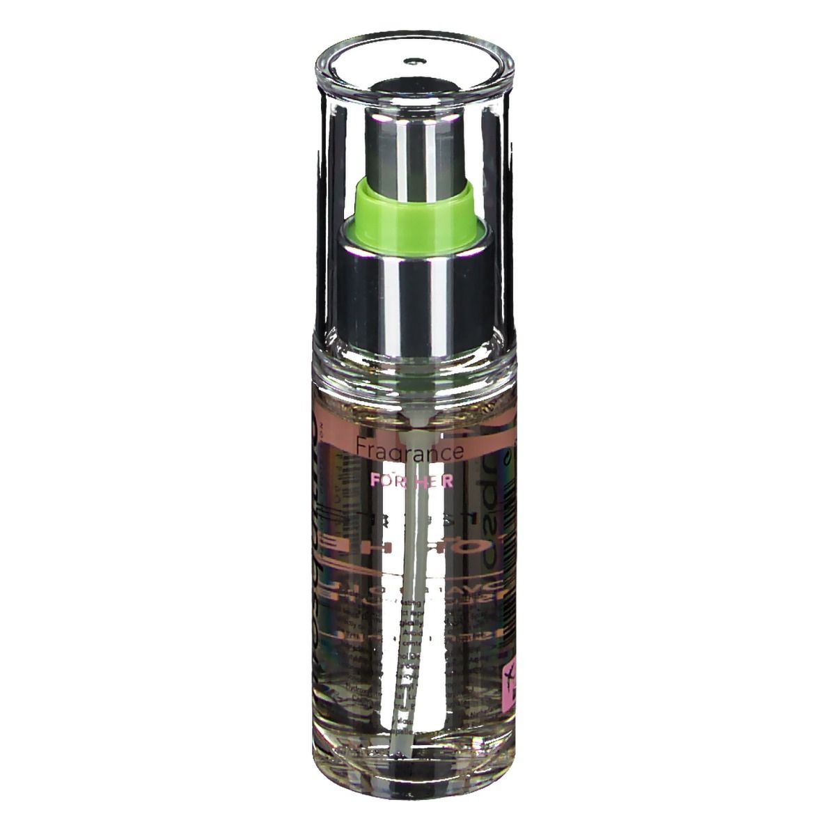 Transparante flacon met verstuiver. Roze etiket met tekst: Fragrance for her. Luxe verzorging 2 in 1.