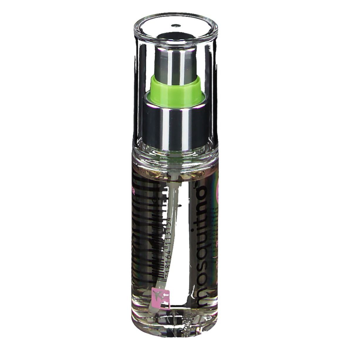 Transparante flacon met verstuiver. Tekst: mosquitno. Roze etiket met tekst. Luxe verzorging 2 in 1. Voor haar.