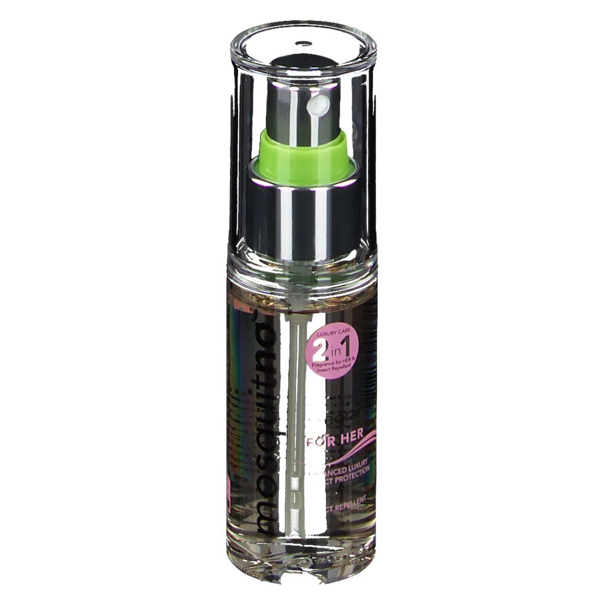 Transparante flacon met verstuiver. Tekst: mosquitno. Roze etiket met tekst. Luxe verzorging 2 in 1. Voor haar.