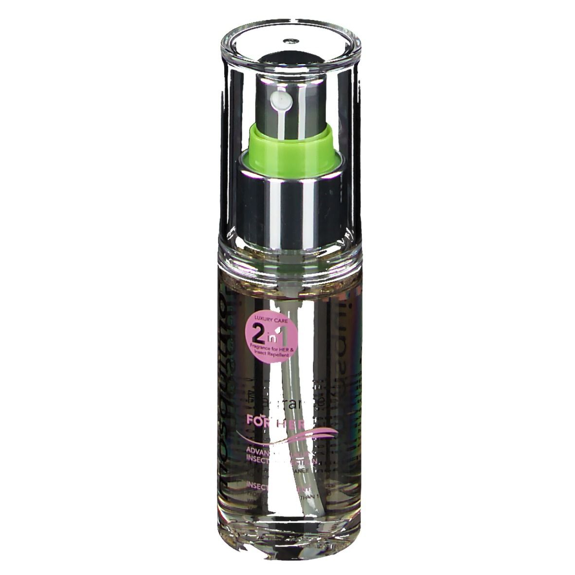 Transparante flacon met verstuiver. Tekst: mosquitno. Roze etiket met tekst. Luxe verzorging 2 in 1. Voor haar.